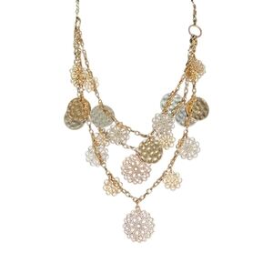 Whimsigoth Filigree Flower & Hammered Coin Layered Necklace Mixed Metal